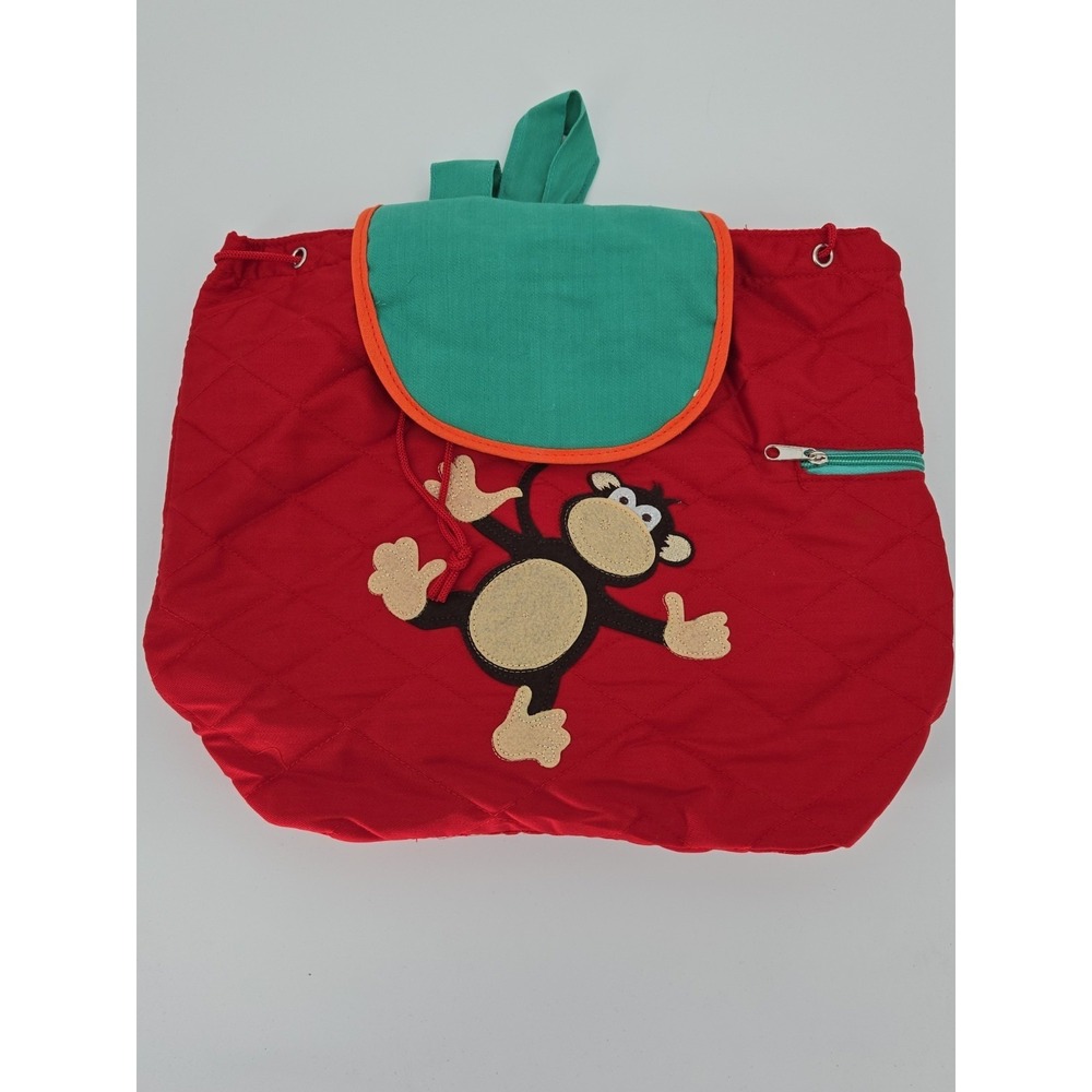 Kids Monkey Quilted Backpack Red‎ Green Canvas School Bag Or Overnight NWOT